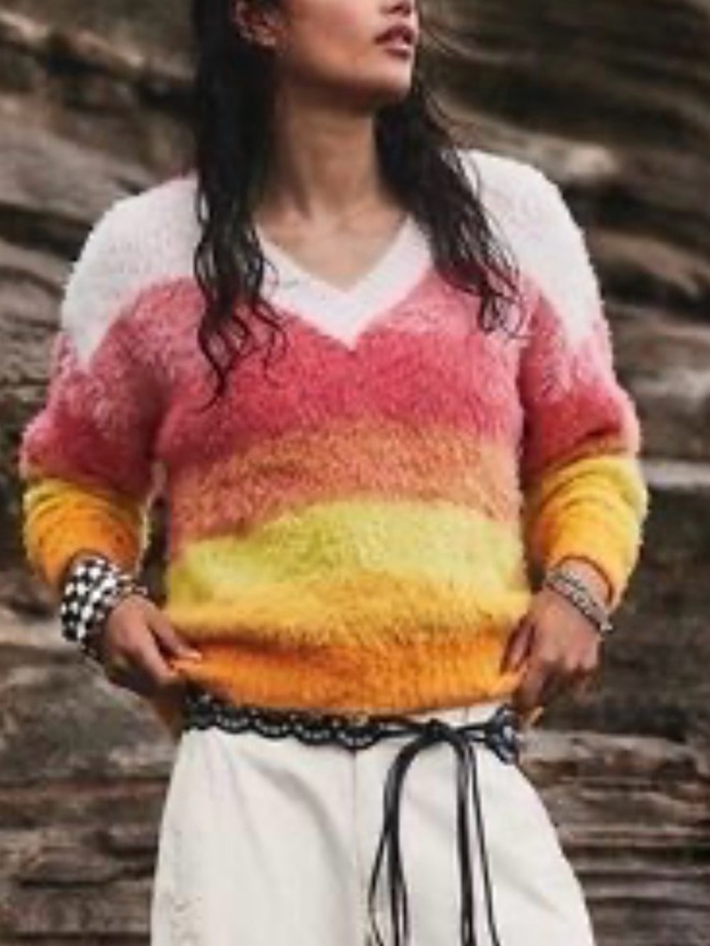 Anthropologie Simone Striped V-Neck Merino Wool Alpaca Blend Sweater L